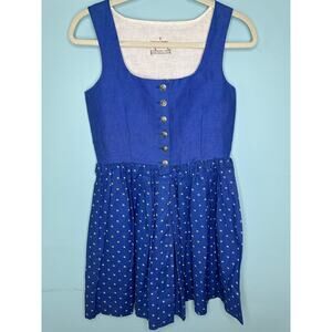 vintage blue cotton dirndl dress white floral sleeveless 100% cotton lined s/xs